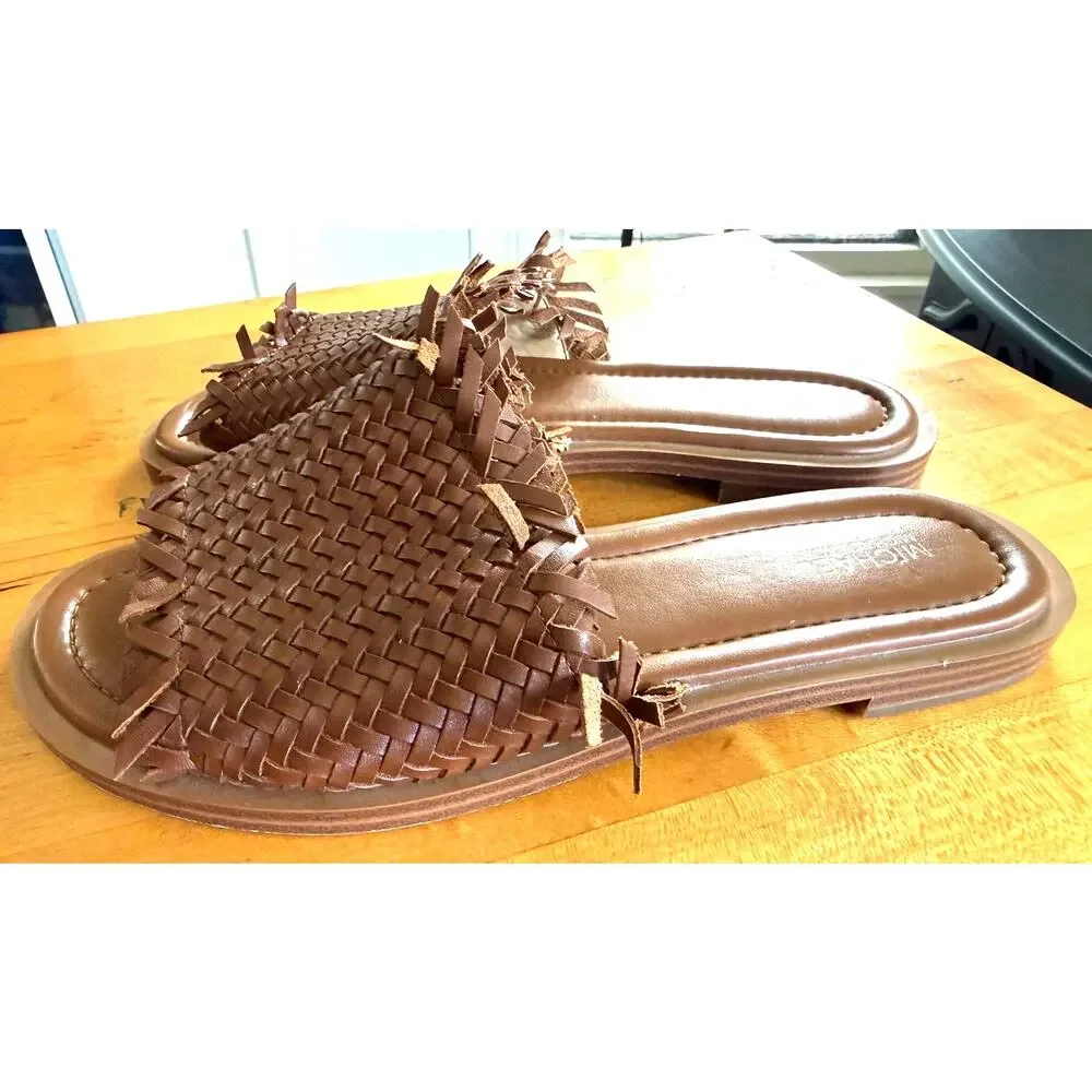 Michael Kors Dee Woven Leather Brown Slide Sandals Size 8
